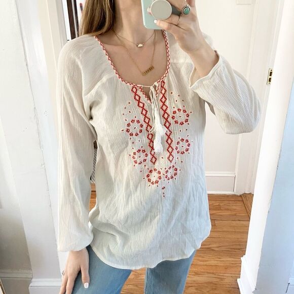 EARTHBOUND Tops - Earthbound Embroidered Gauze Ivory Red Peasant Blouse With Tassels Size Medium